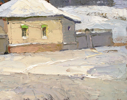 Oil painting Winter sketch by Egor Shvachunov: snow-covered house