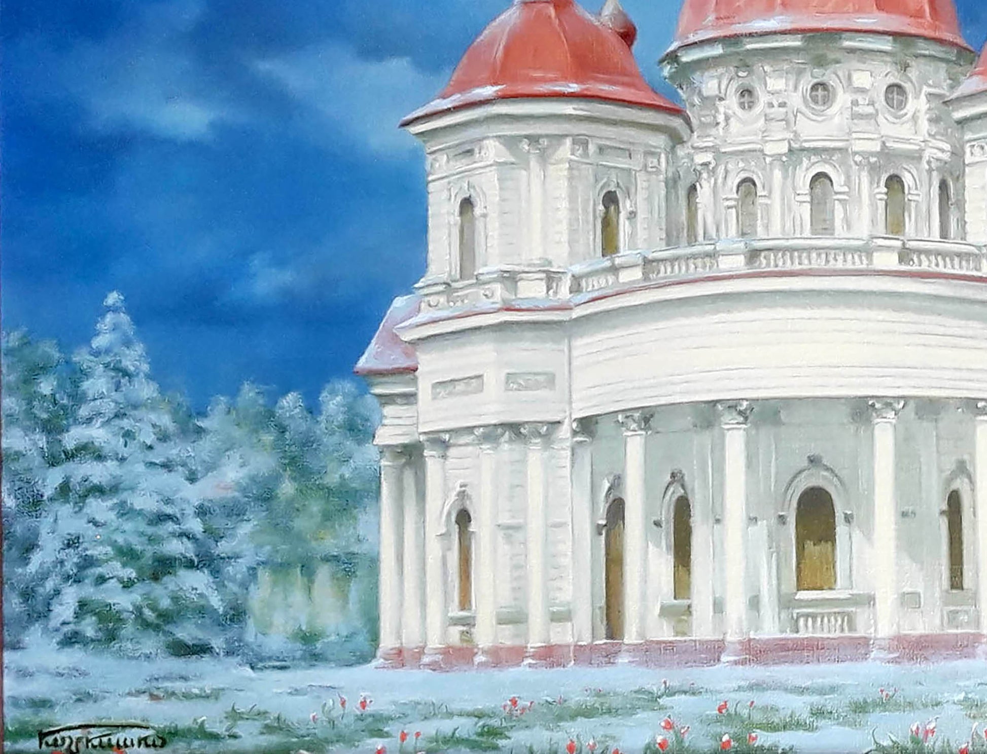 Oil painting of Bryansk Nikolaev Church in snowy landscape by Korkishko Vasily
