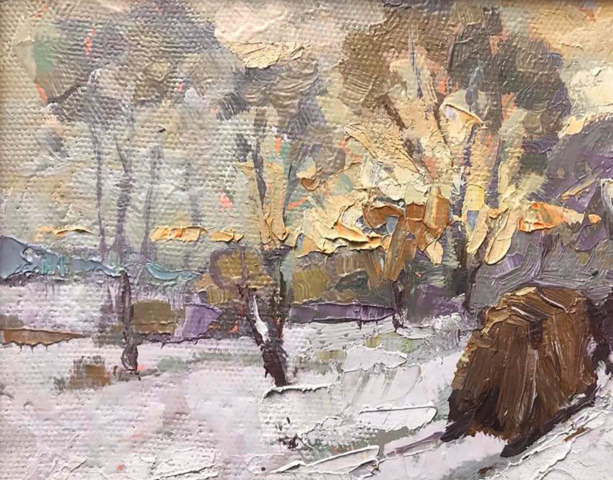 Textured impressionist snowy landscape oil painting by Alex Ivanyuk