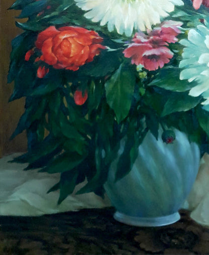 Oil painting Festive still life by Korkishko Vasily: light blue ribbed vase with red white flowers