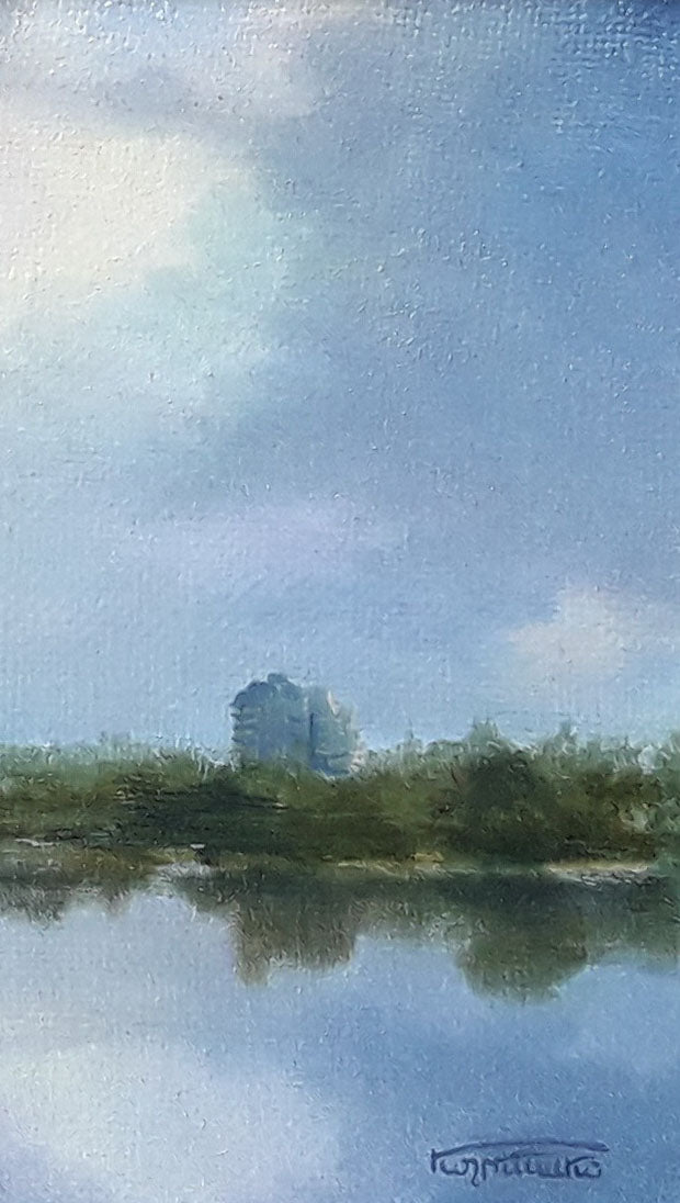Oil painting by Korkishko Vasily: blue sky, wispy clouds over calm water