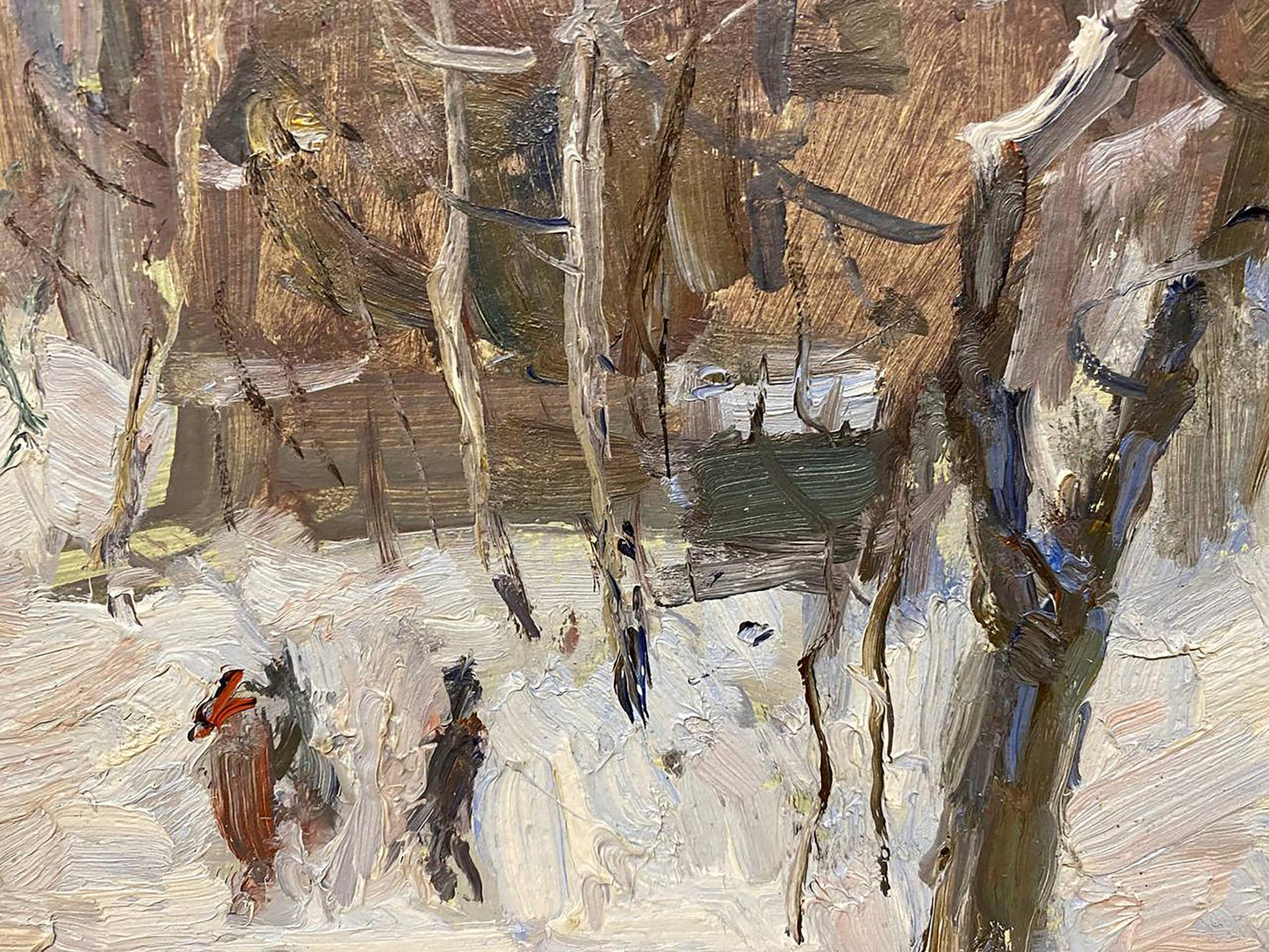 Textured impressionist oil painting of snowy forest by Petrashevsky