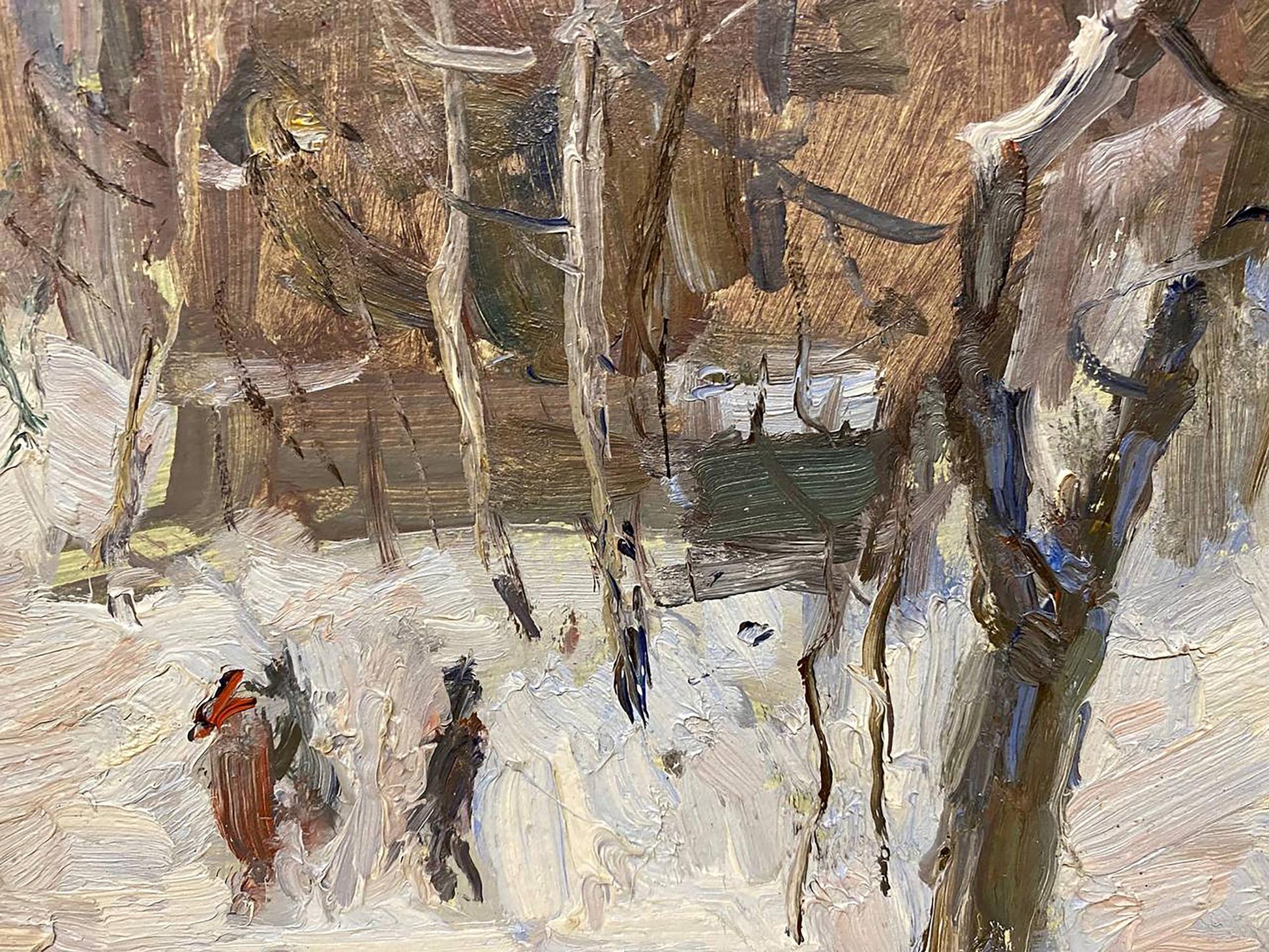 Textured impressionist oil painting of snowy forest by Petrashevsky
