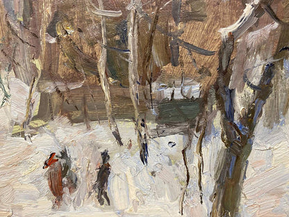 Textured impressionist oil painting of snowy forest by Petrashevsky
