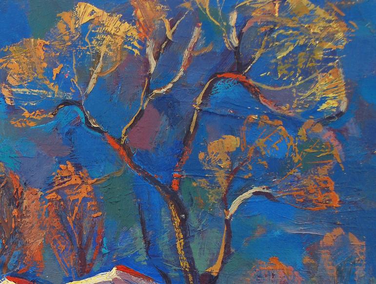 Vibrant Egor Shvachunov oil painting with blue background and gold branches