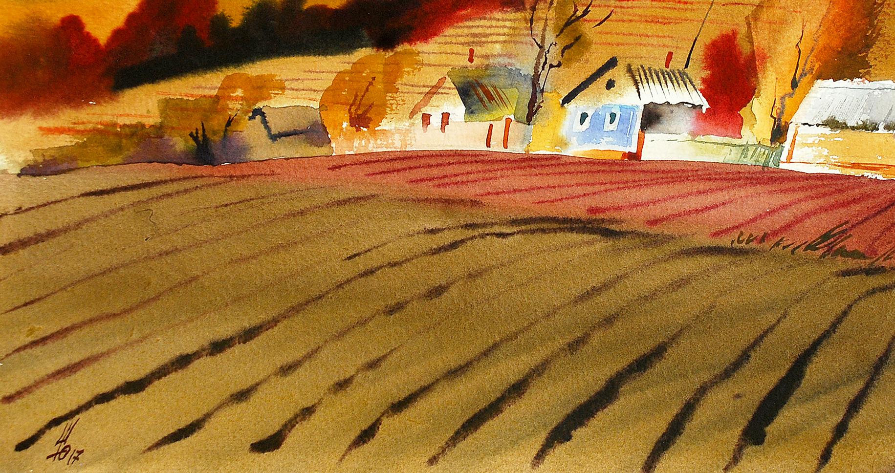 Watercolor painting October by Egor Shvachunov: autumn rural landscape