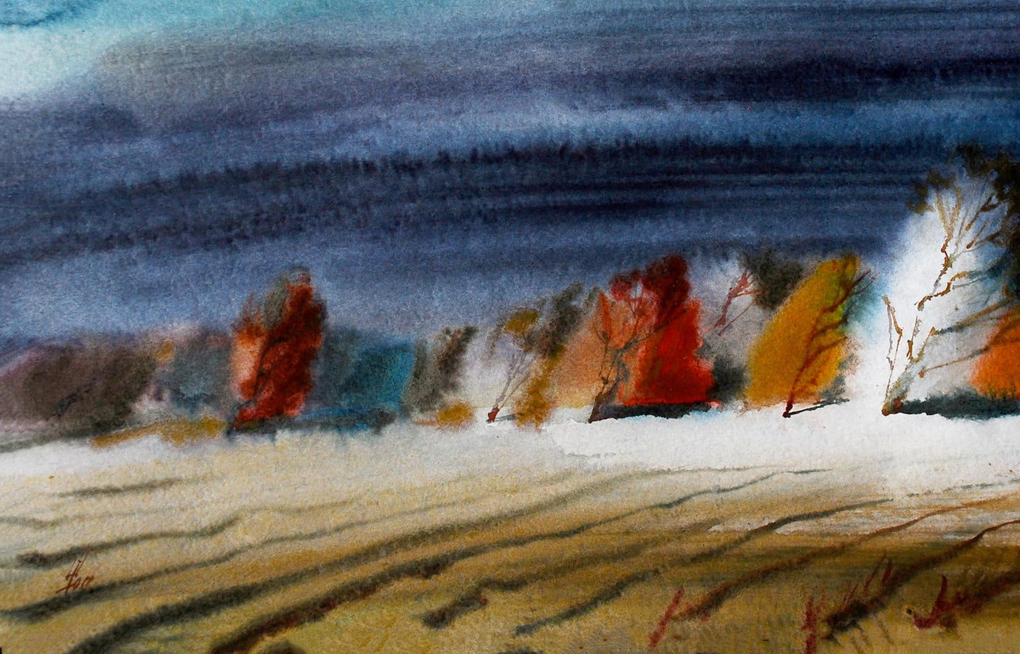 Watercolor painting of cold fall trees by Egor Shvachunov