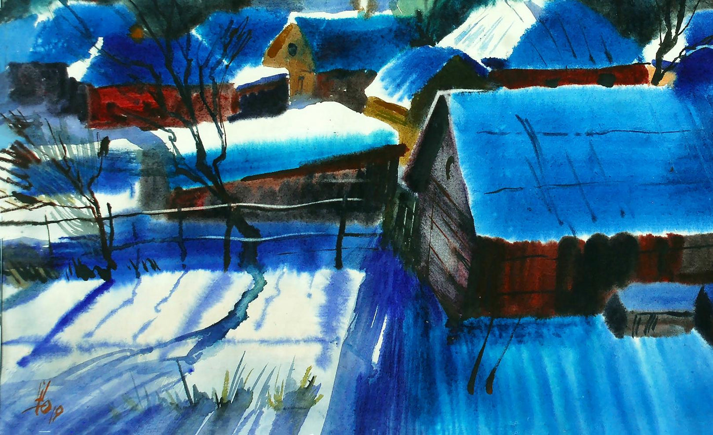 Vibrant blue watercolor Winter in Lebedyn snowy village by Egor Shvachunov