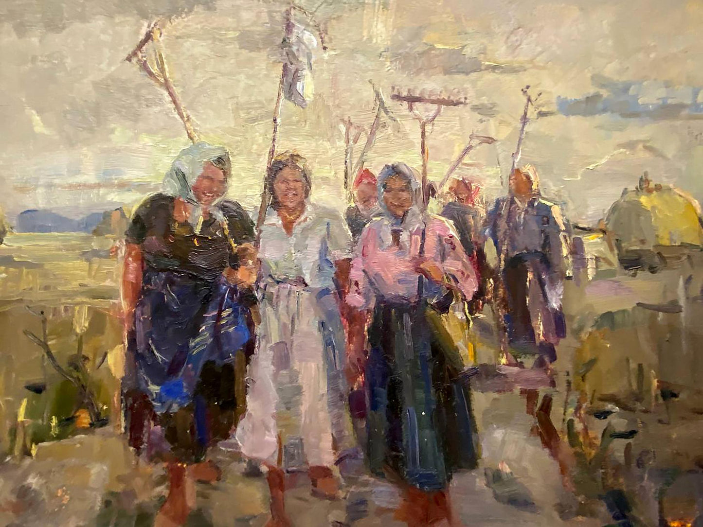 Oil painting of Kolkhoz women in colorful headscarves and dresses