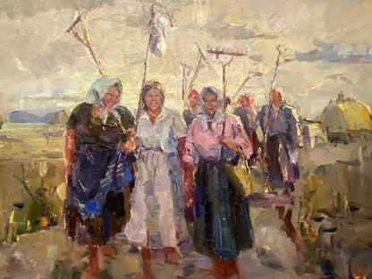 Oil painting of Kolkhoz women in colorful headscarves and dresses