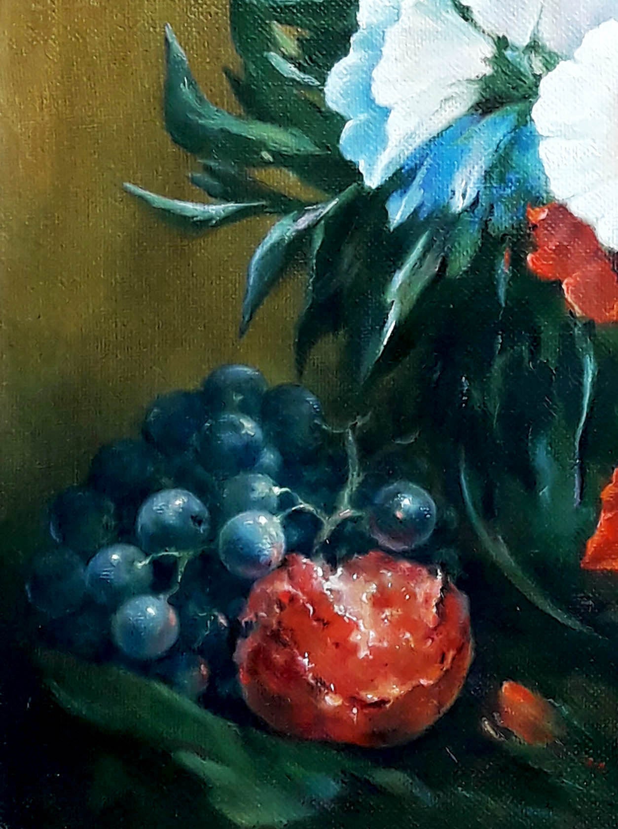 Oil painting by Vasily Korkishko: purple grapes, red pomegranate, green leaves, flowers