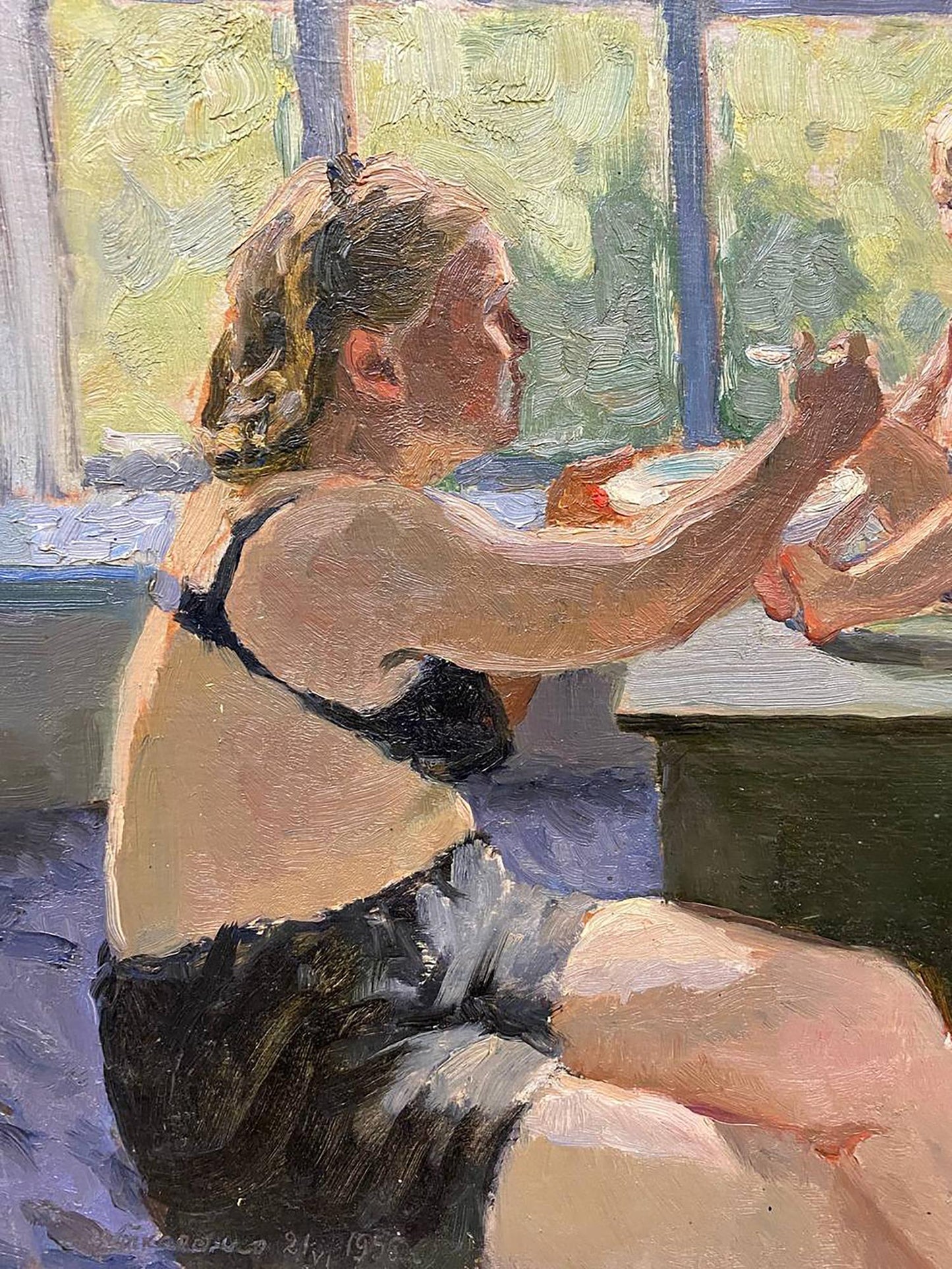 Back view oil painting by Tkachenko Evgeny Nikolaevich: woman in black bra reaching for food
