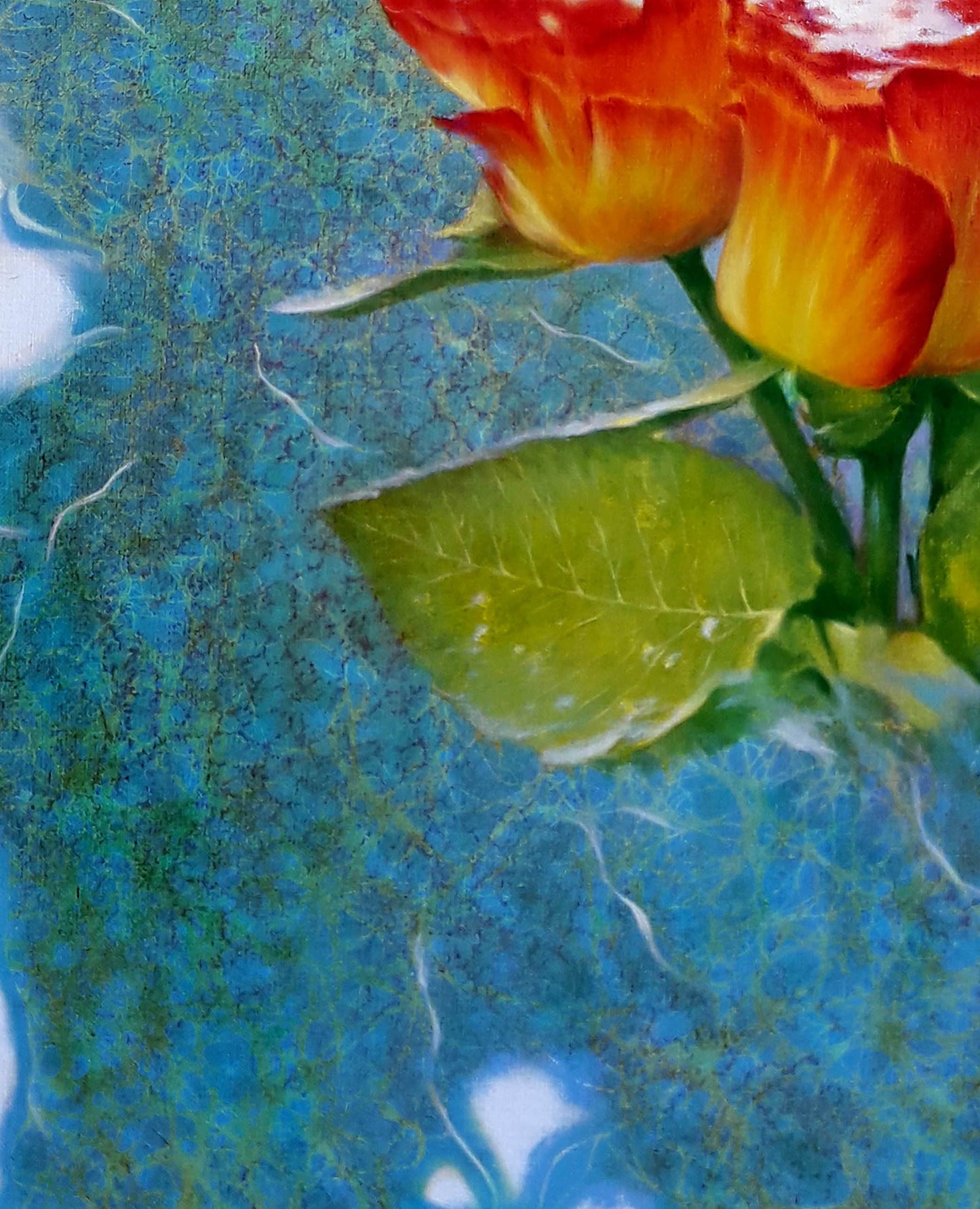 Vibrant orange roses oil painting by Vasily Korkishko on blue background