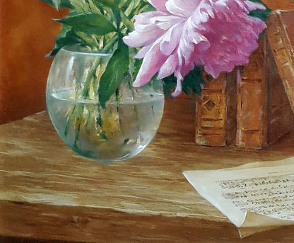 Oil painting of still life with pink peonies by Vasily Korkishko
