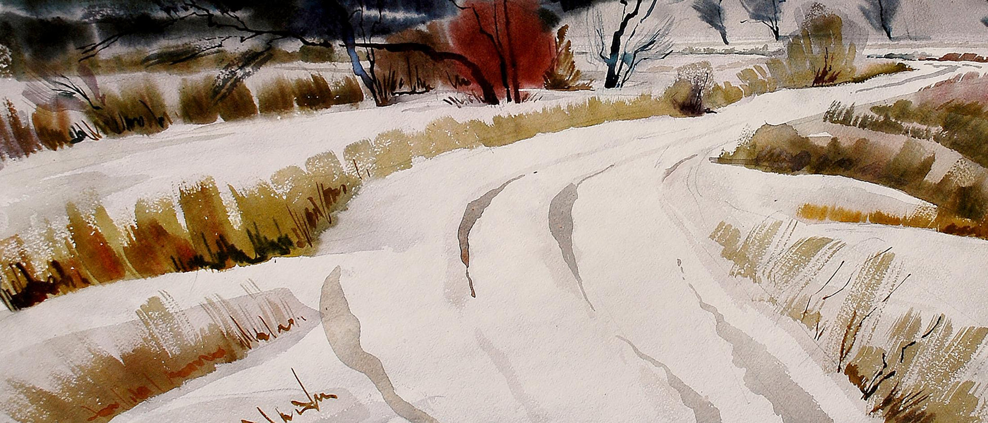 Watercolor painting Winter snowy landscape by Obolon Egor Shvachunov