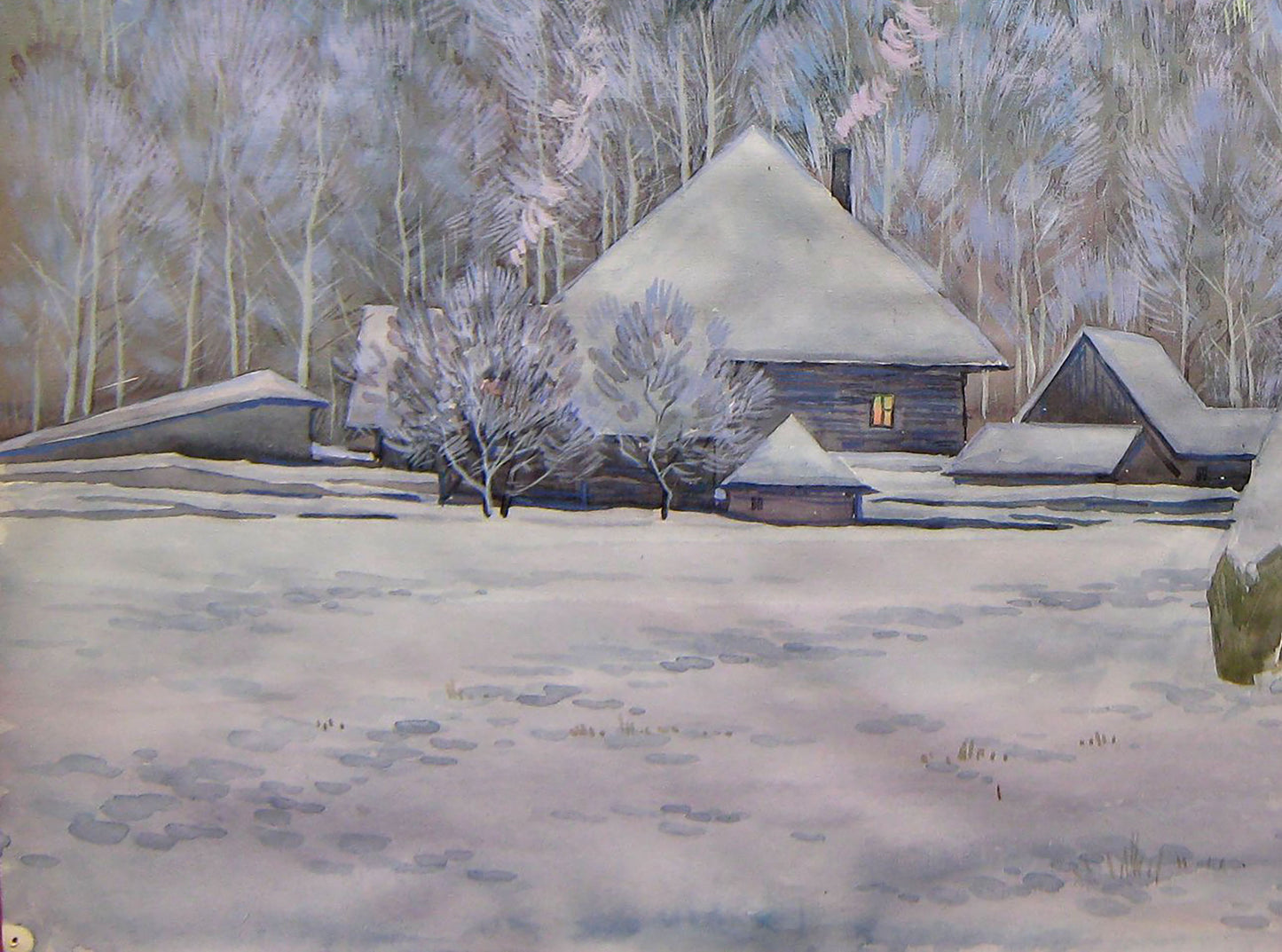 Watercolor painting Winter countryside