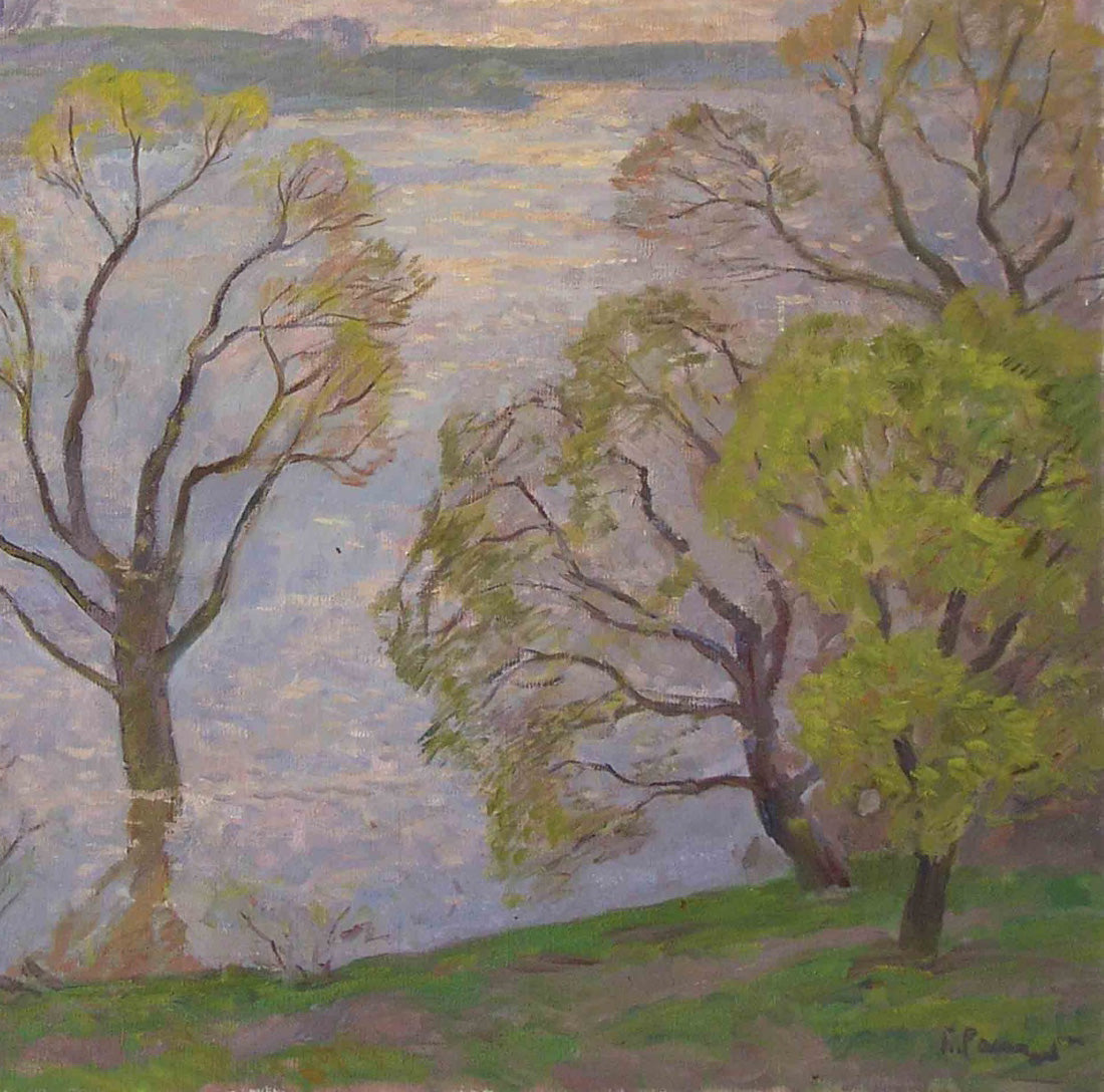Oil painting by Flood Rapoport Boris Naumovich: impressionist trees over calm river
