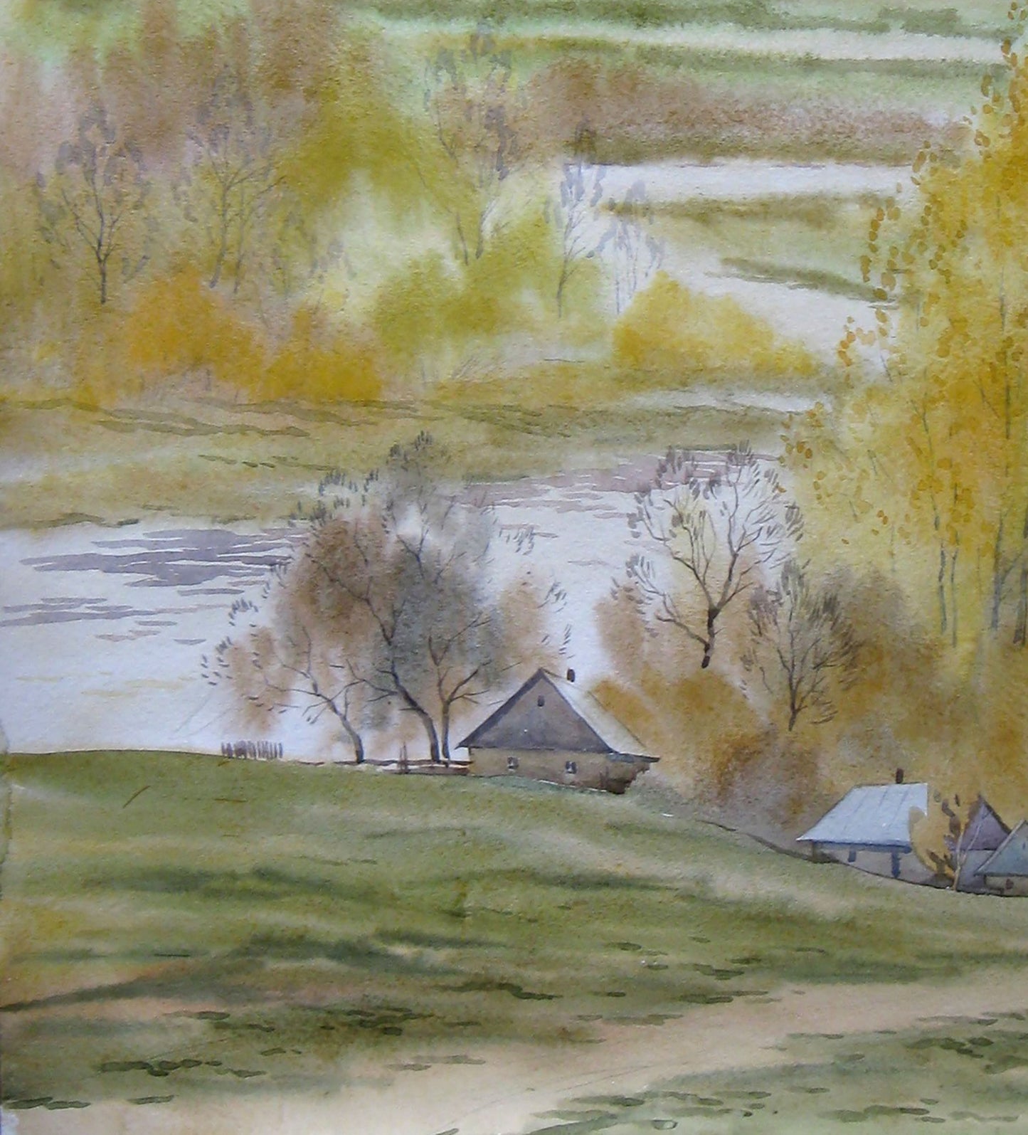 Watercolor painting Autumn River 