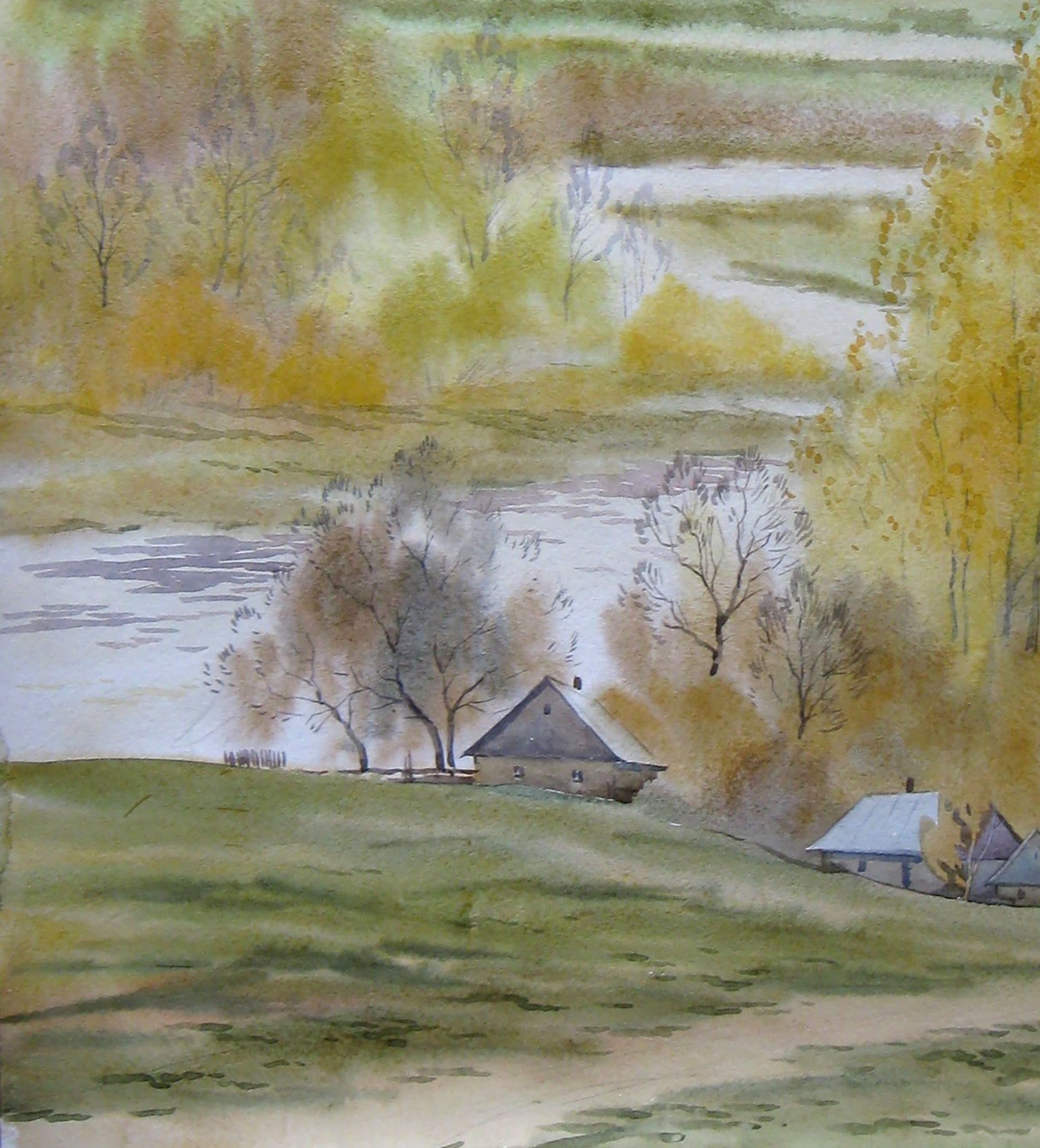 Watercolor painting Autumn River 