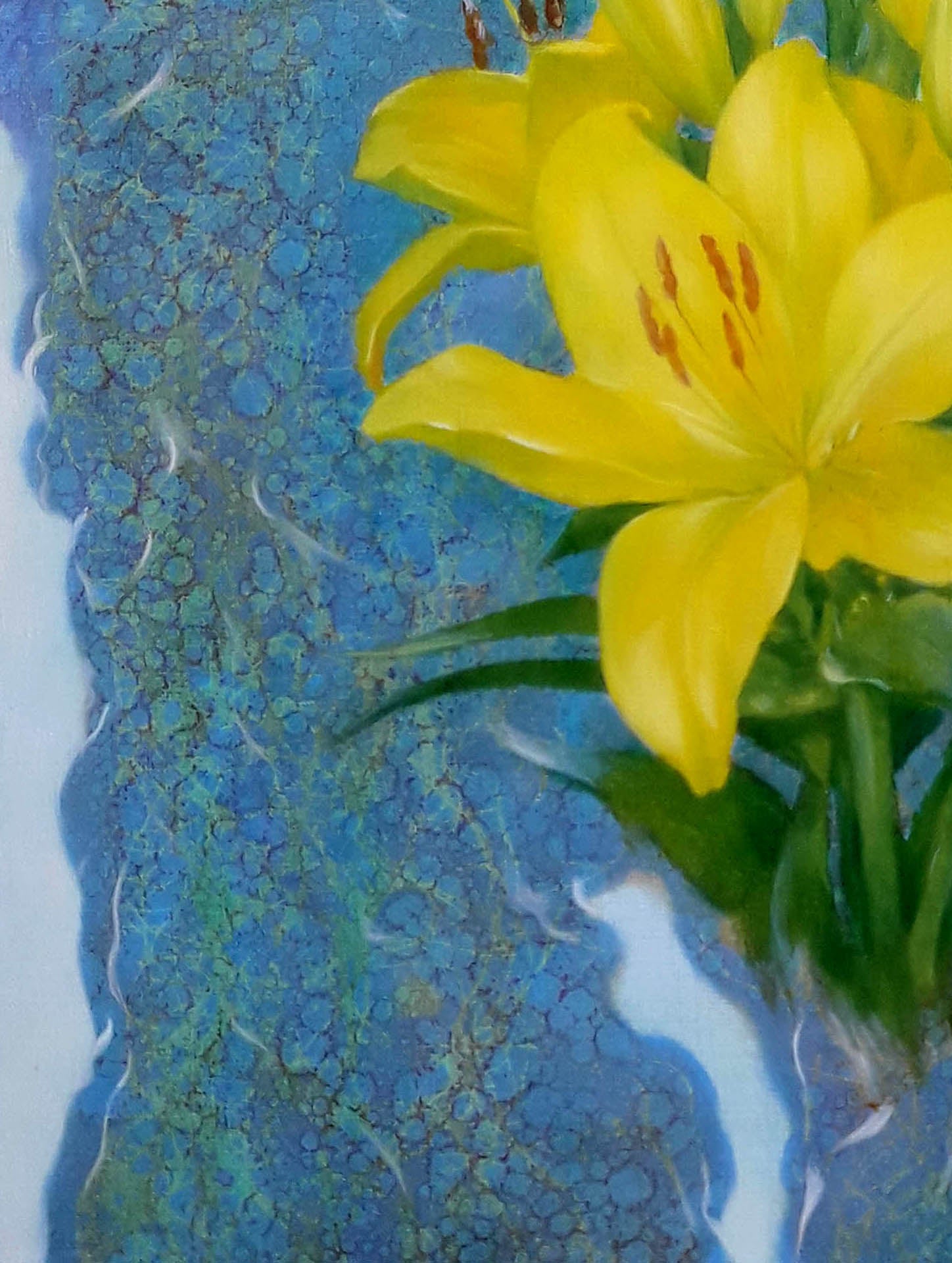 Vibrant yellow lilies oil painting by Vasily Korkishko on blue background
