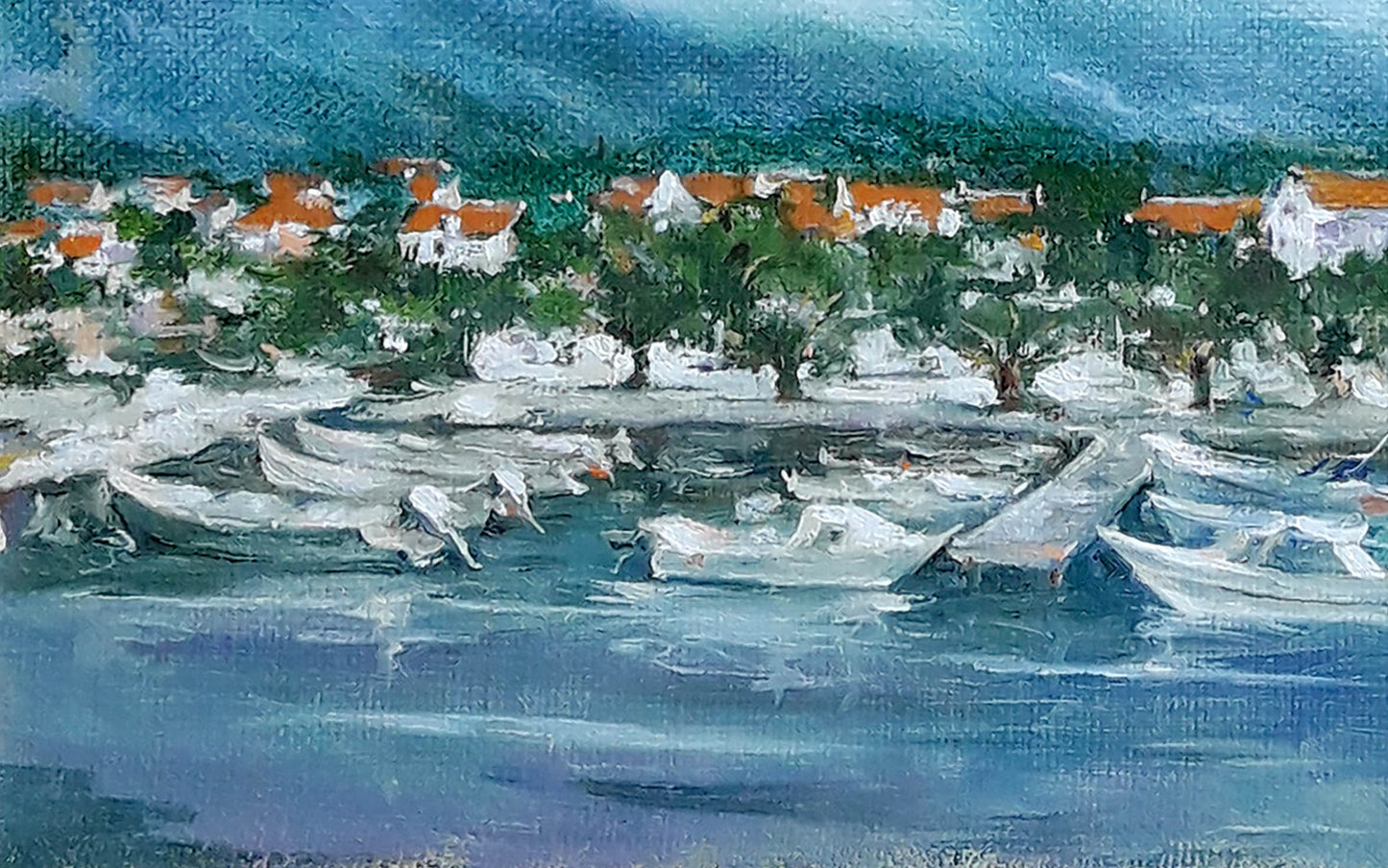 Oil painting by Vasily Korkishko: coastal village with boats