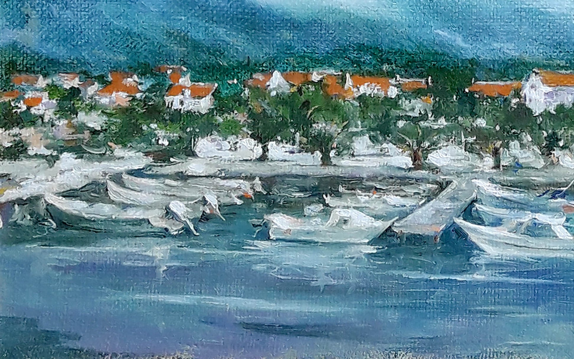 Oil painting by Vasily Korkishko: coastal village with boats