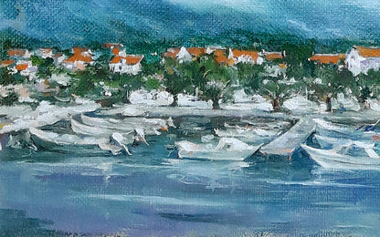Oil painting by Vasily Korkishko: coastal village with boats