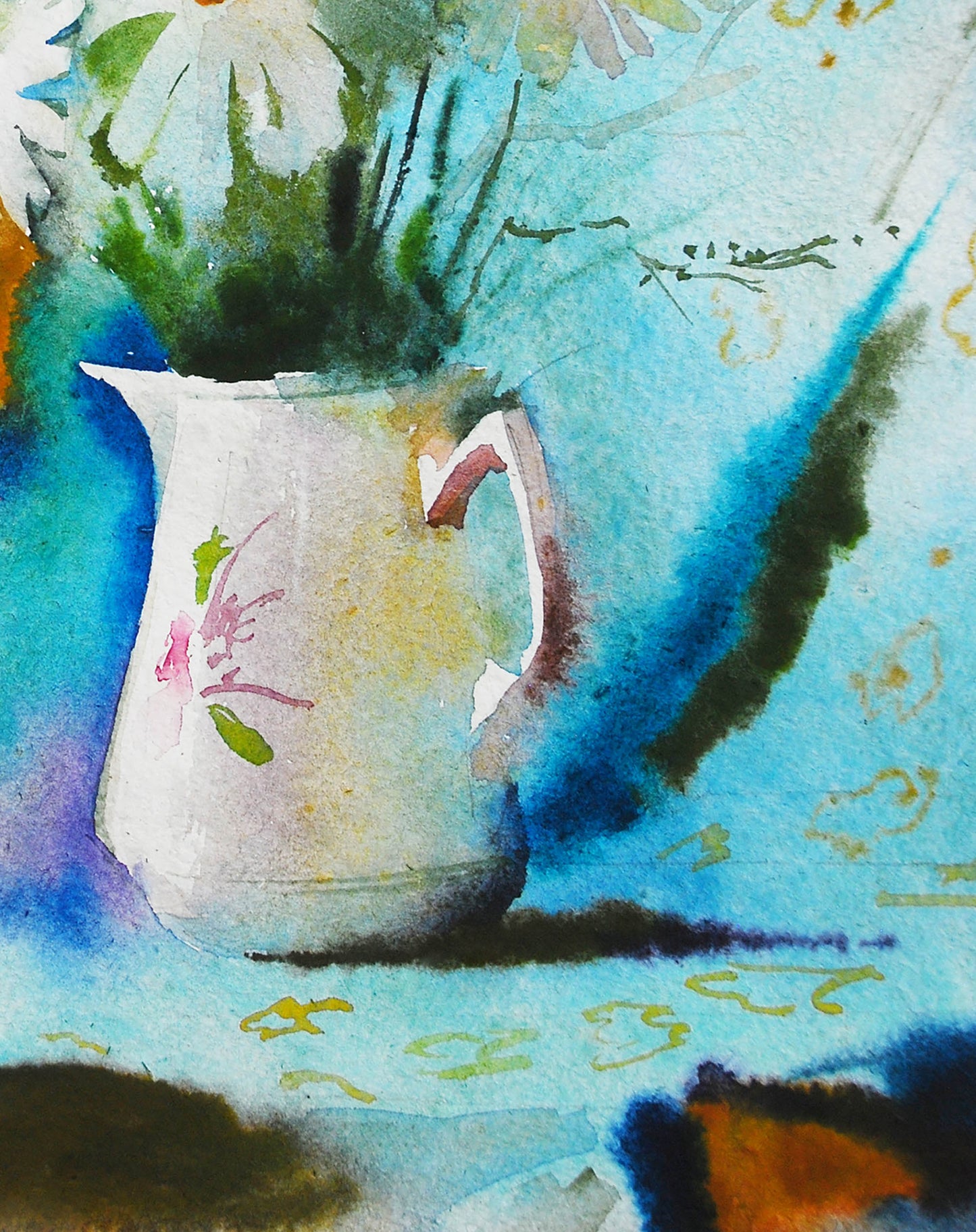 Watercolor chamomile Egor Shvachunov: white pitcher with pink green flowers