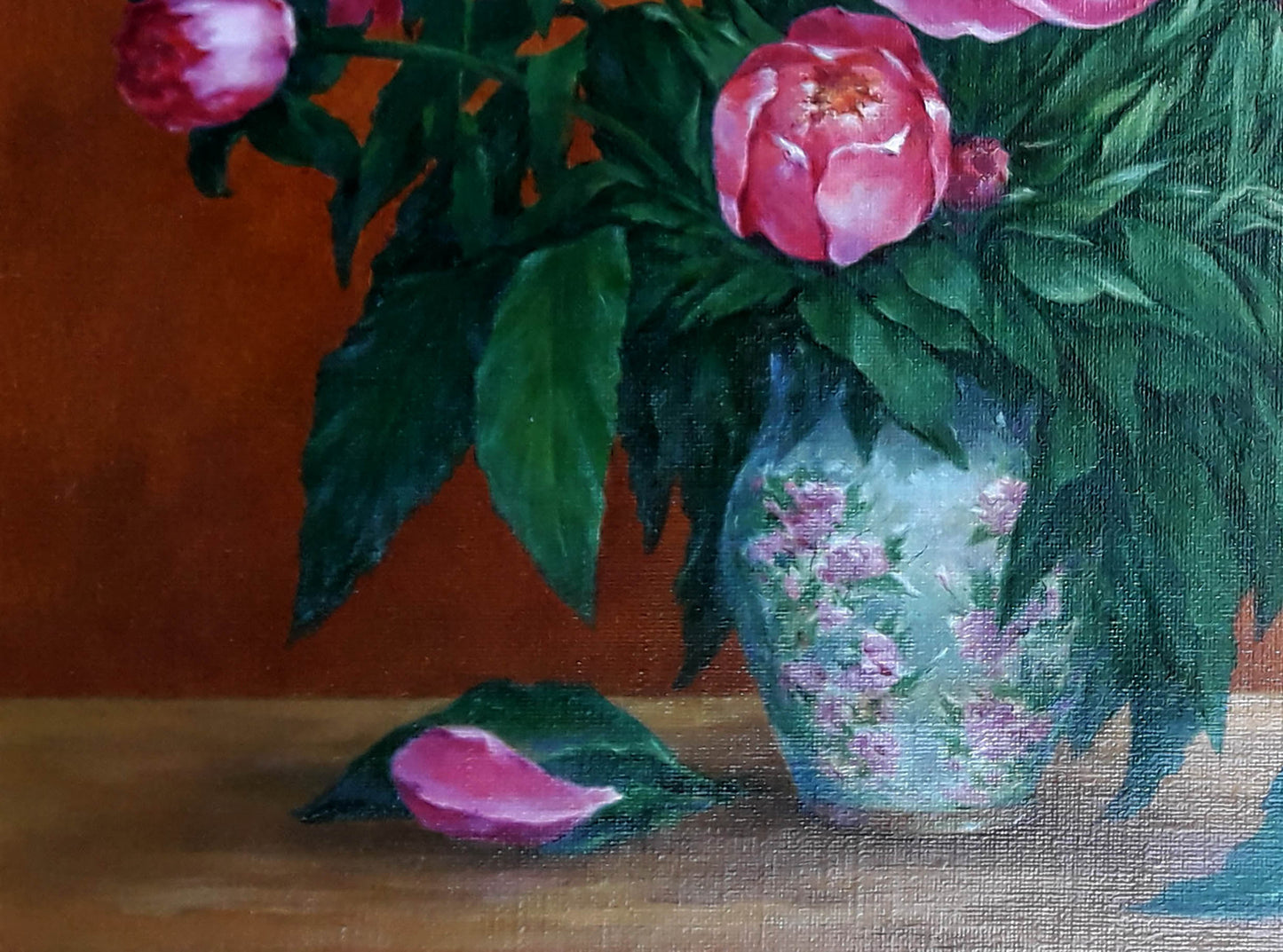 Oil painting of pink peonies by Korkishko Vasily in light blue floral vase
