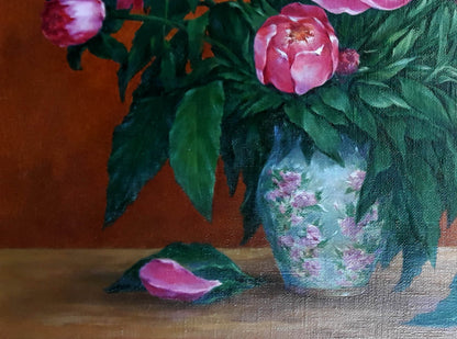 Oil painting of pink peonies by Korkishko Vasily in light blue floral vase