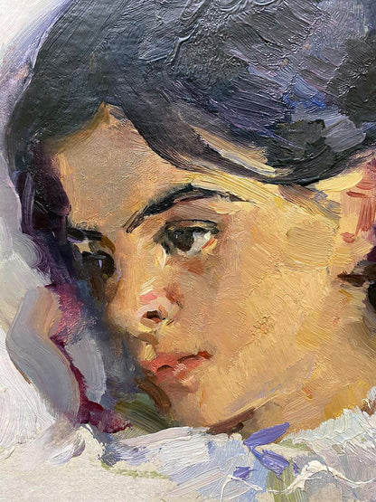 Textured oil painting portrait of young woman by Leonid Mikhaylovich Stil