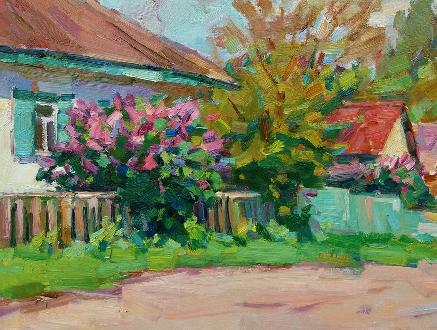 Oli painting Spring Village street landscape  Pereta Vyacheslav