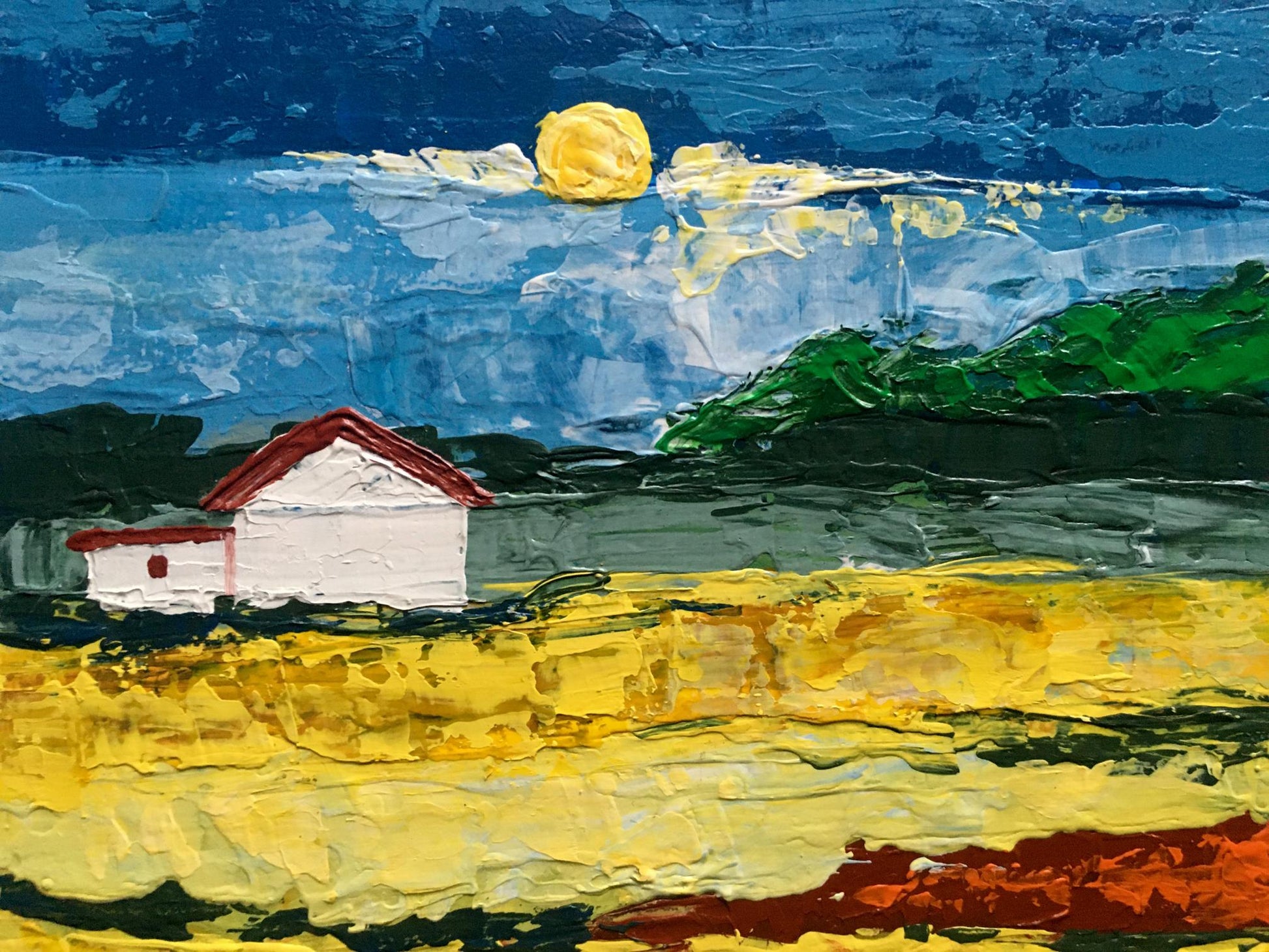 Oil painting of white house with red roof by coast by Zadorozhnya V. V