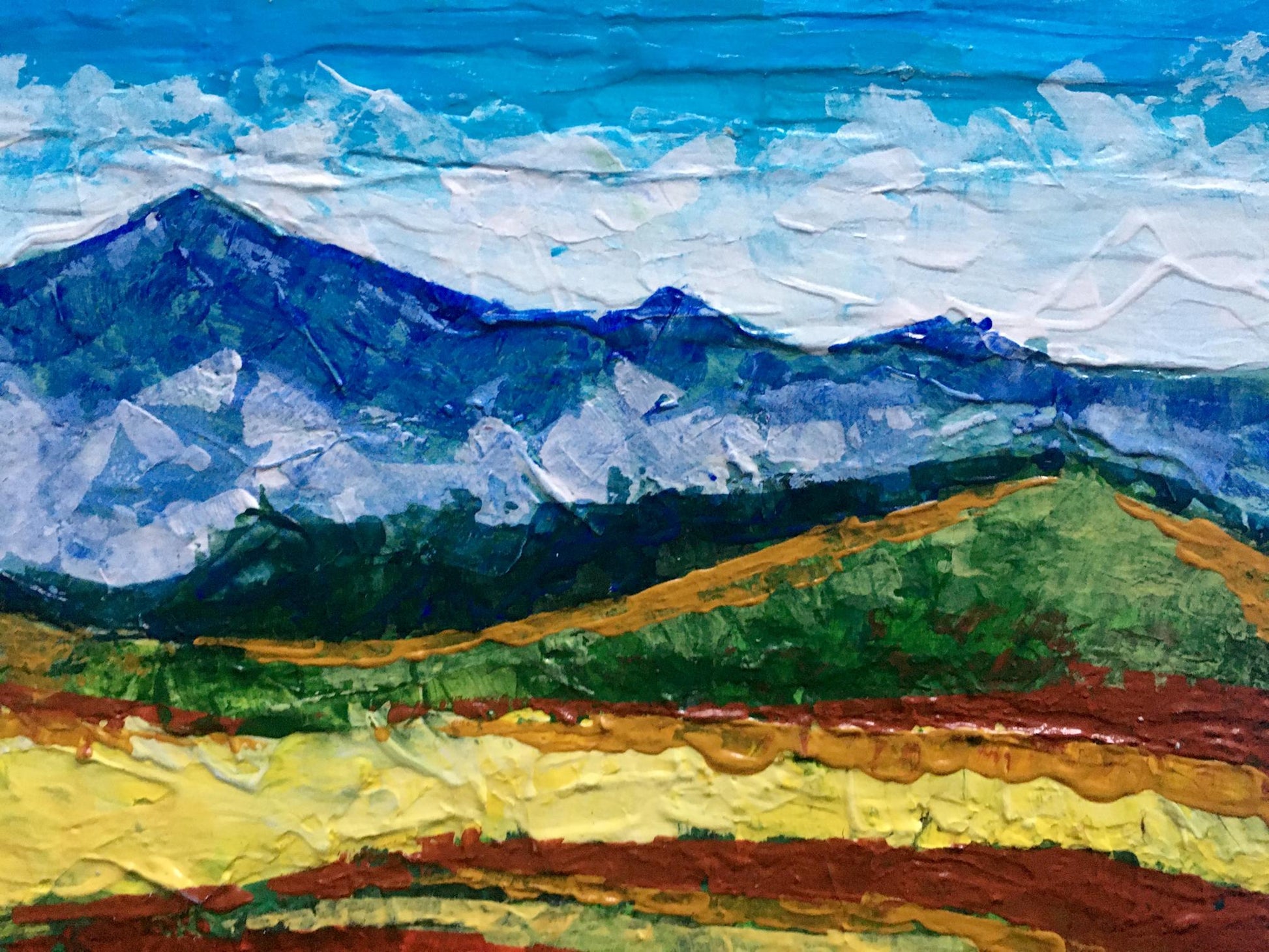 Oil painting Mountain view V. Zadorozhnya textured blue white mountains