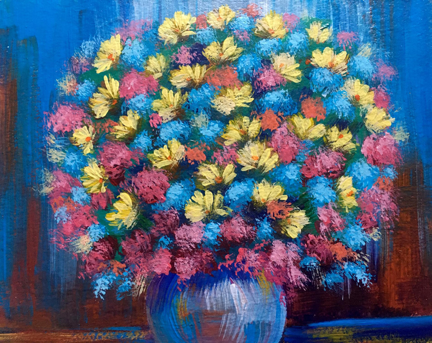 Vibrant impressionistic oil painting Spring bouquet of flowers by Zadorozhnya V. V. in blue vase