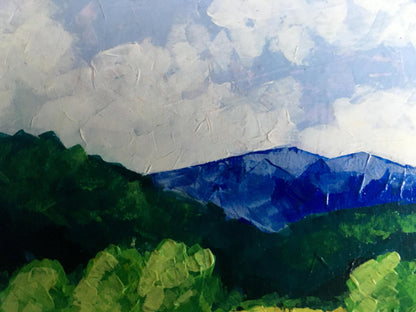 Oil painting of vineyards in forested mountains by V. Zadorozhnya