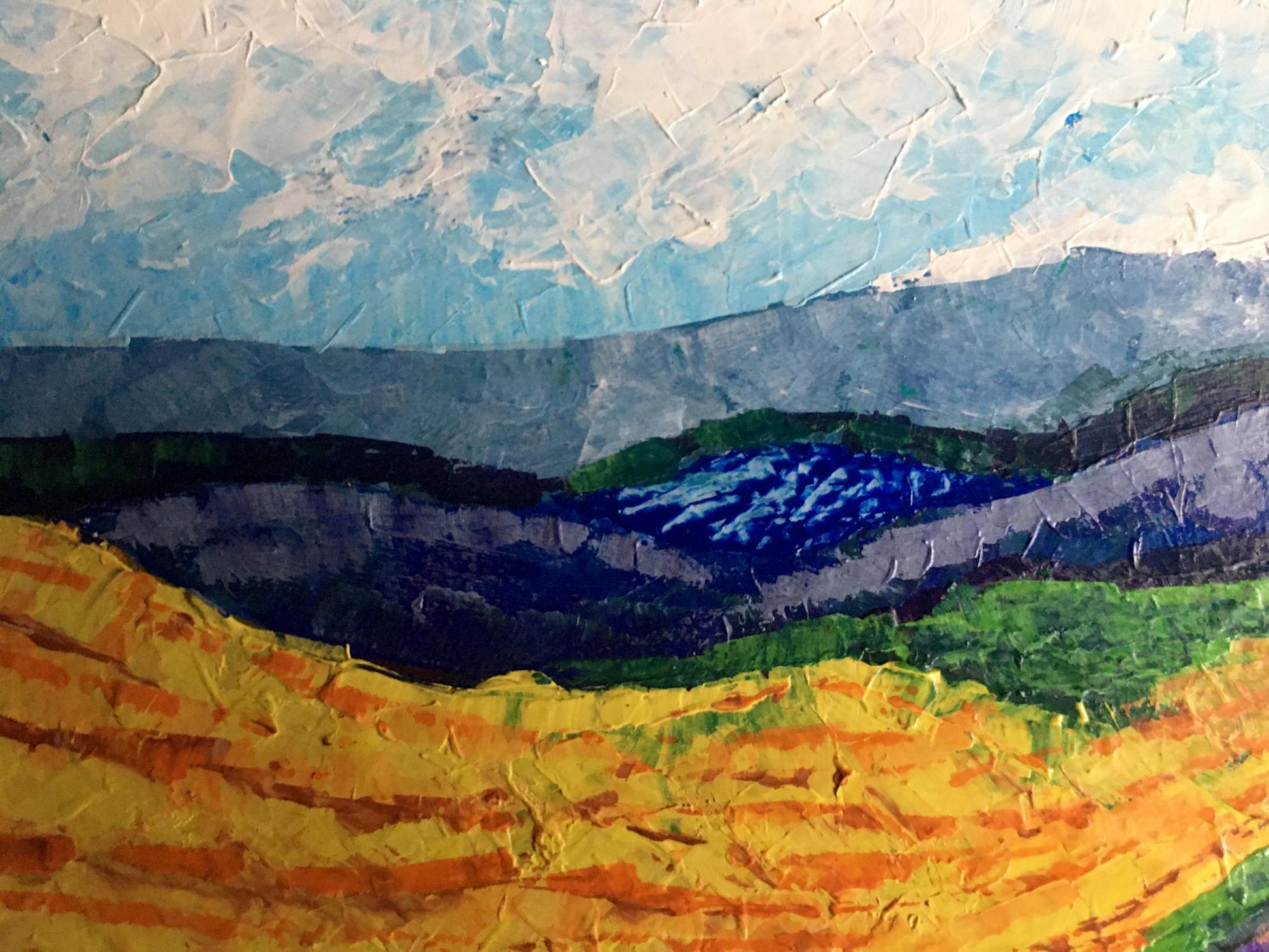 Oil painting Carpathians V. Zadorozhnya: textured orange-green hills, blue valley