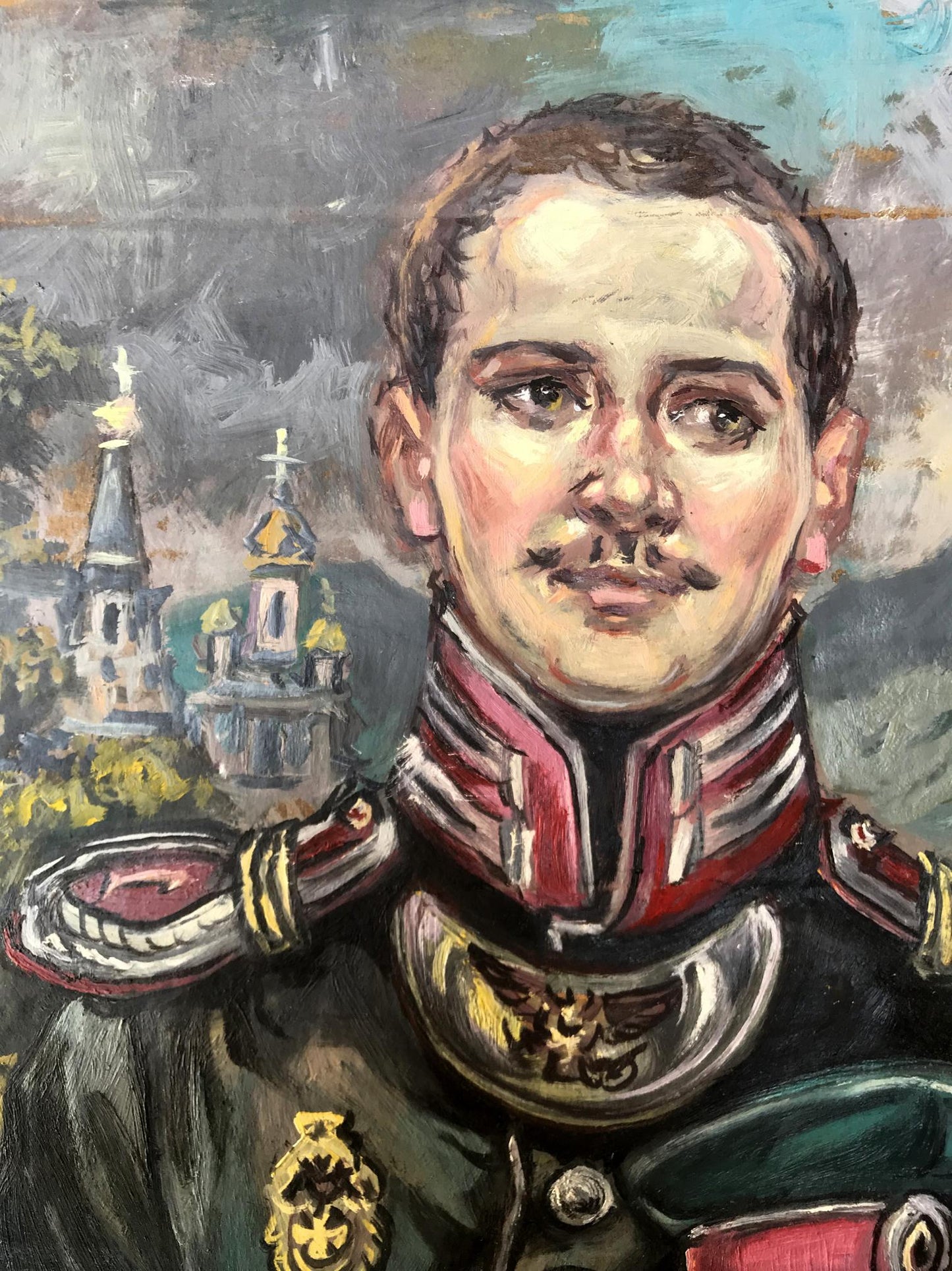 Oil painting of pensive officer Alexander Litvinov in ornate uniform