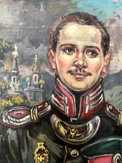 Oil painting of pensive officer Alexander Litvinov in ornate uniform