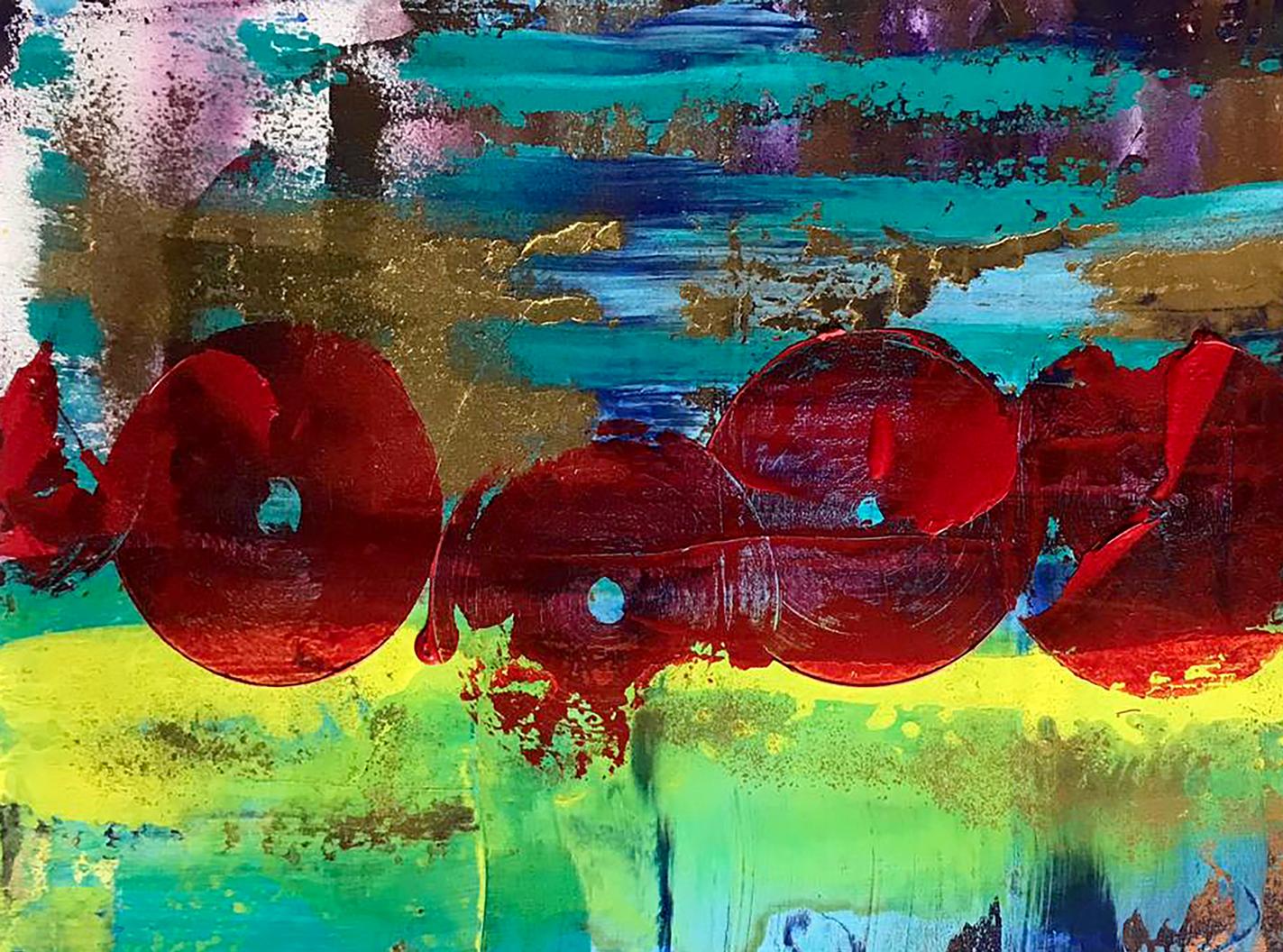 Vibrant red glossy forms in Dance of Life acrylic painting by Melezhik Olga