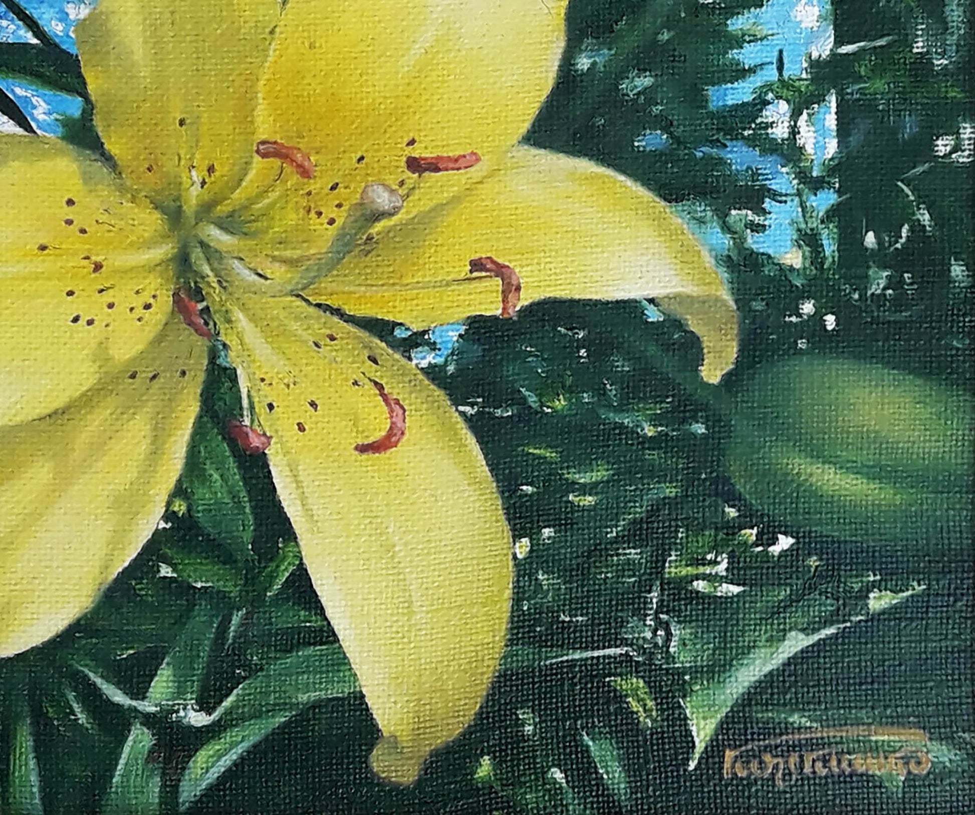 Vibrant yellow day-lily oil painting by Vasily Korkishko with red stamens