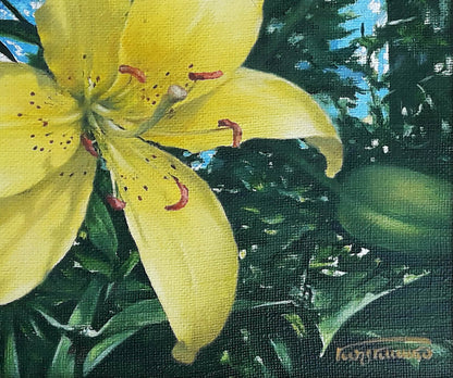 Vibrant yellow day-lily oil painting by Vasily Korkishko with red stamens