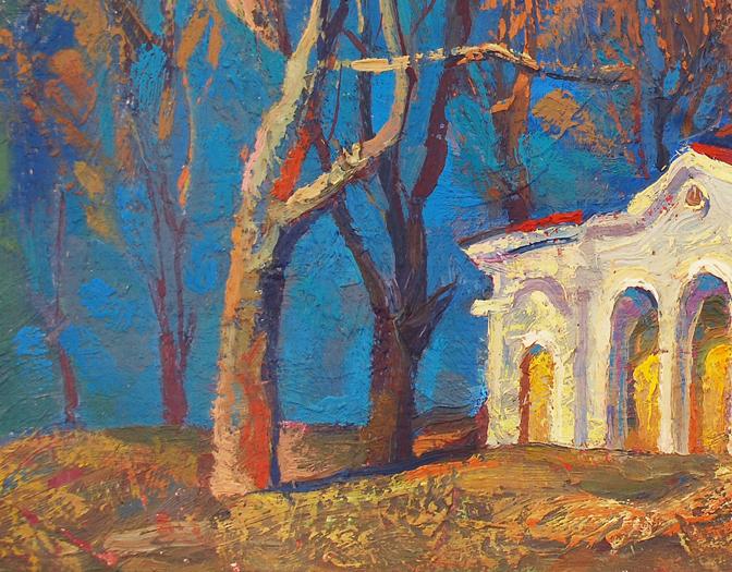 Oil painting of white pavilion with red roof by Egor Shvachunov