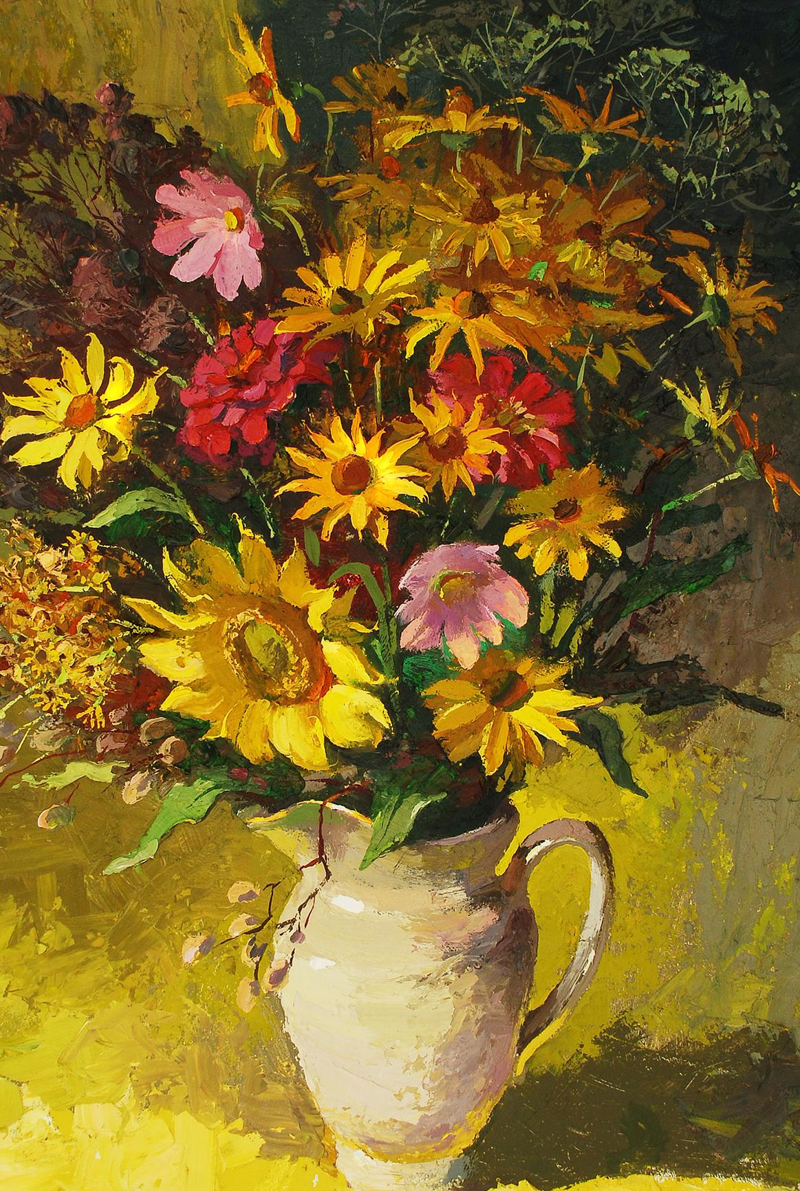 Oil painting of sunflowers and zinnias in white pitcher by Egor Shvachunov