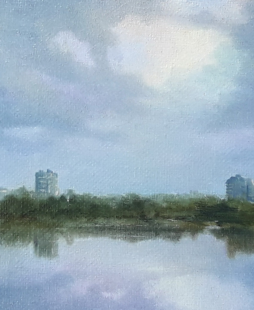Soft impressionistic lakeside painting by Korkishko Vasily in muted blues and greens