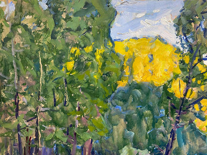 Vibrant yellow flowers in lush green foliage, Oil painting Early autumn by Kolosovsky Georgy Sergeevich