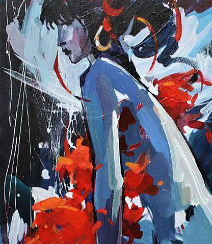 Oil painting Angel Kozyar Yuri: stylized blue-white figure with red accents
