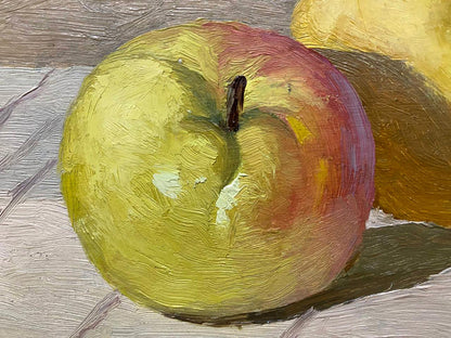 Oil painting of ripe apple in green and red hues by unknown artist