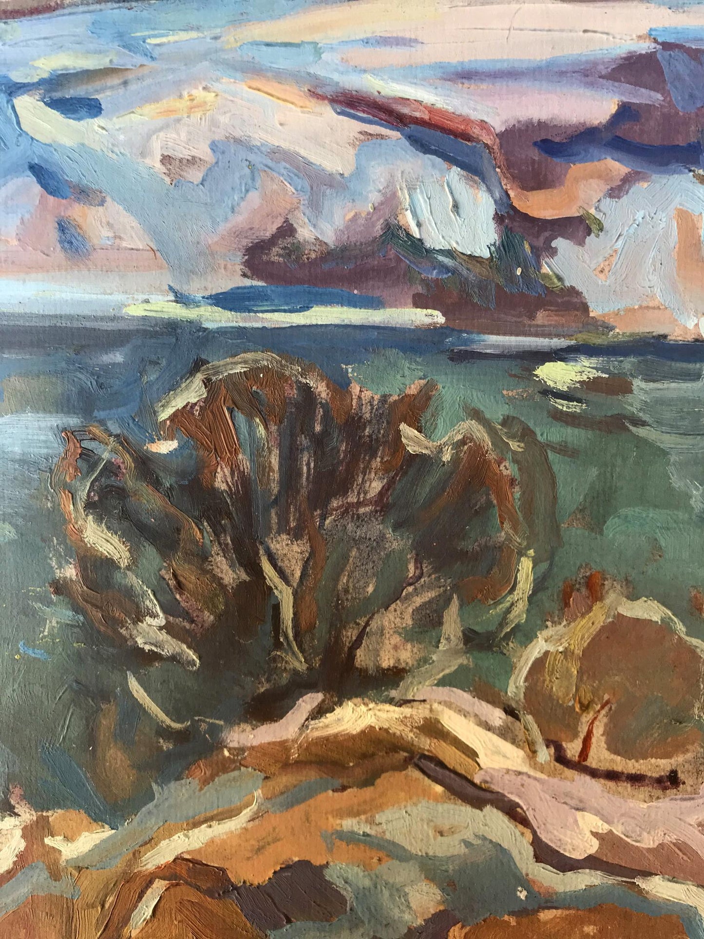Oil painting Early winter by Alexander Arkadievich Litvinov: rugged coastal rocks and turbulent sea