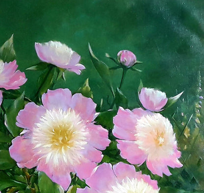 Vibrant oil painting of pink peonies by Korkishko Vasily on emerald background